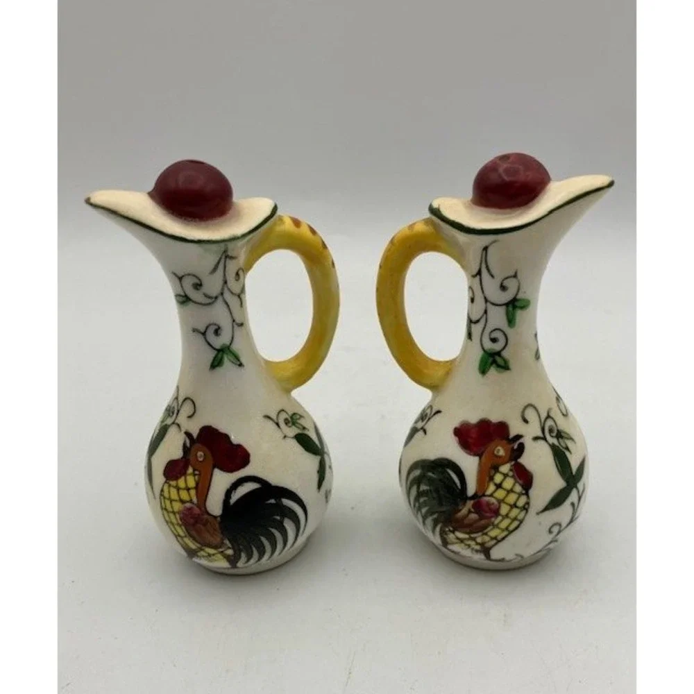 VTG 1950's Rooster & Rose Ceramic Pitcher Salt Pepper‎ Shakers - Country Kitchen
